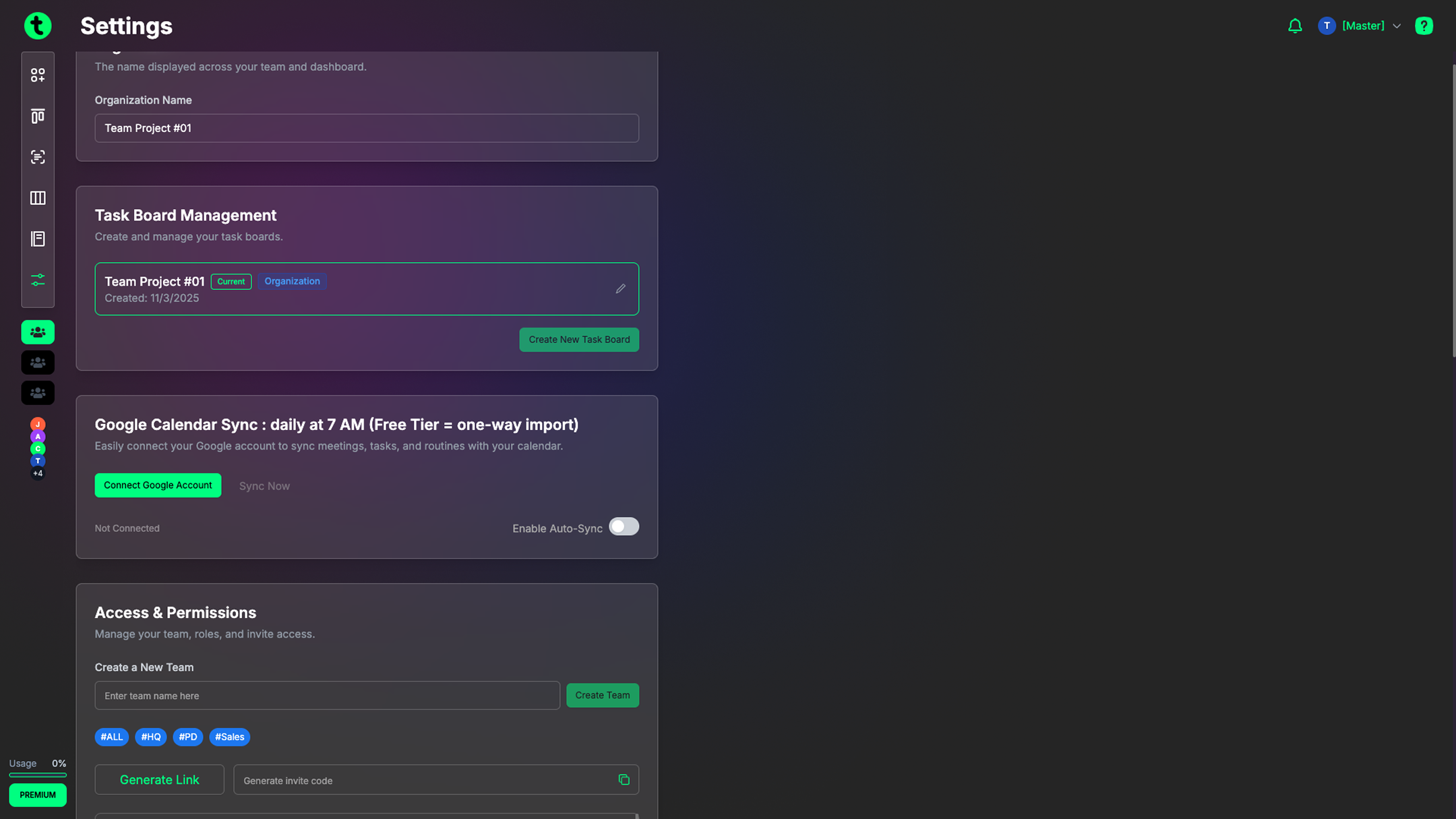 Screenshot of Settings in Tindlo where you generate an invite link to add teammates.