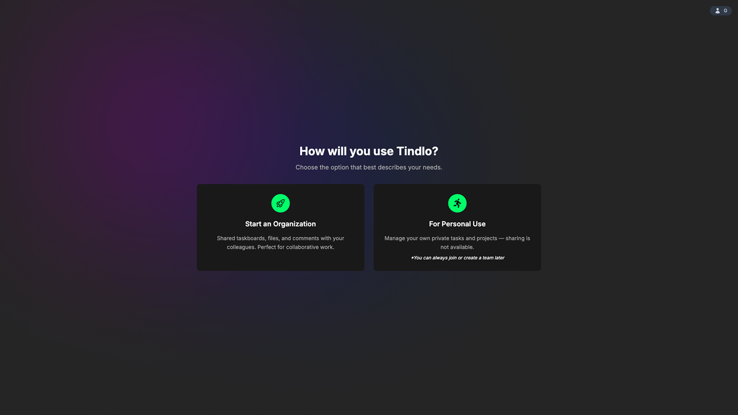 Screenshot of the screen where you create your organization in Tindlo.