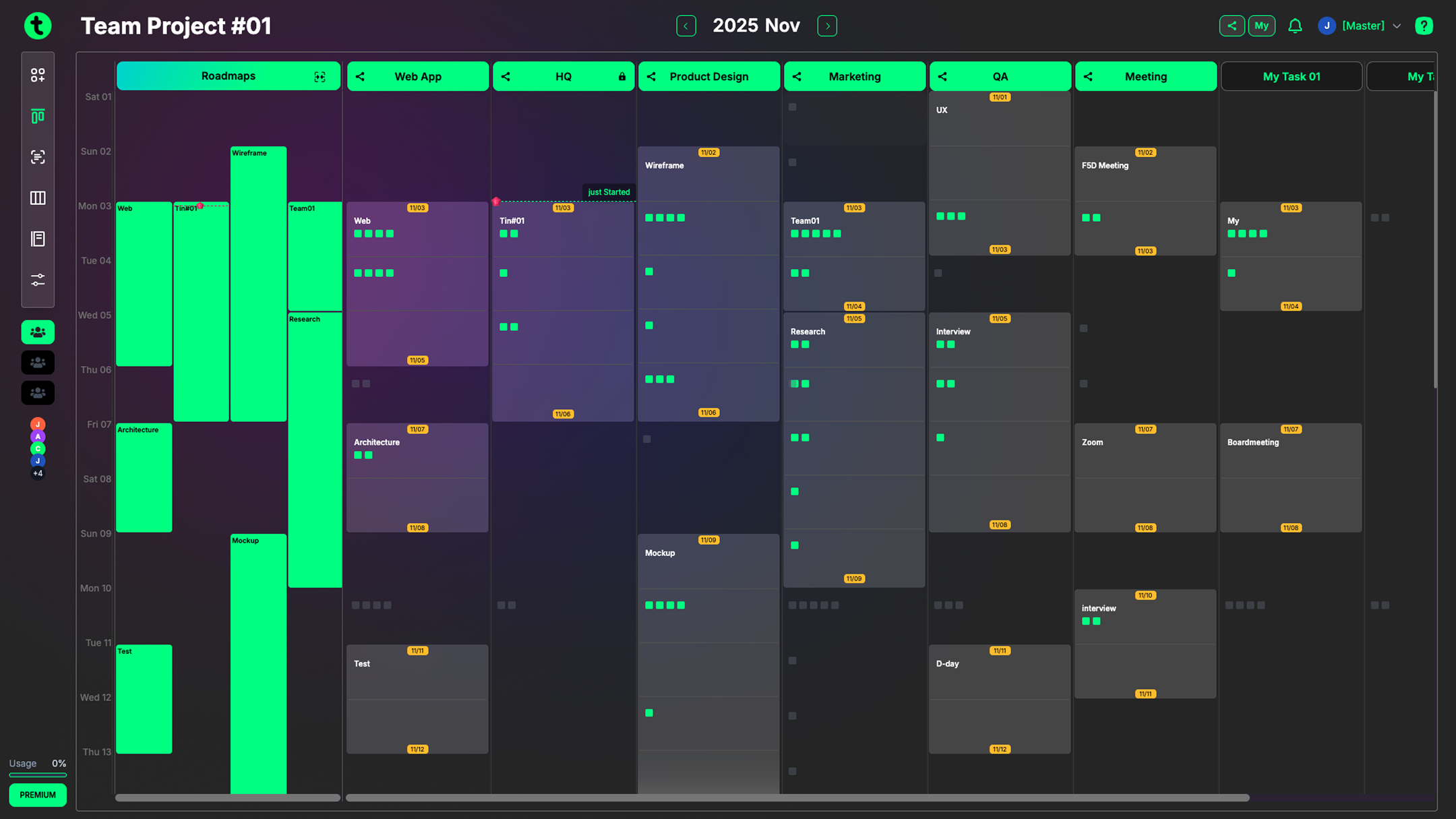 Screenshot of the Roadmap view in Tindlo for building timelines and viewing your project schedule.