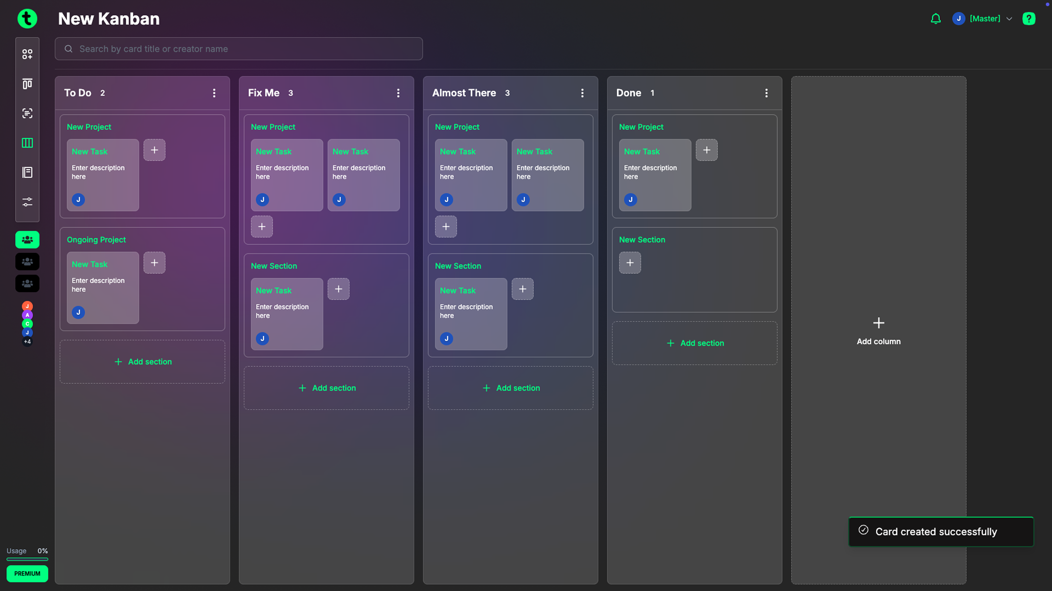 Screenshot of the New Kanban board in Tindlo for managing tasks visually by columns.